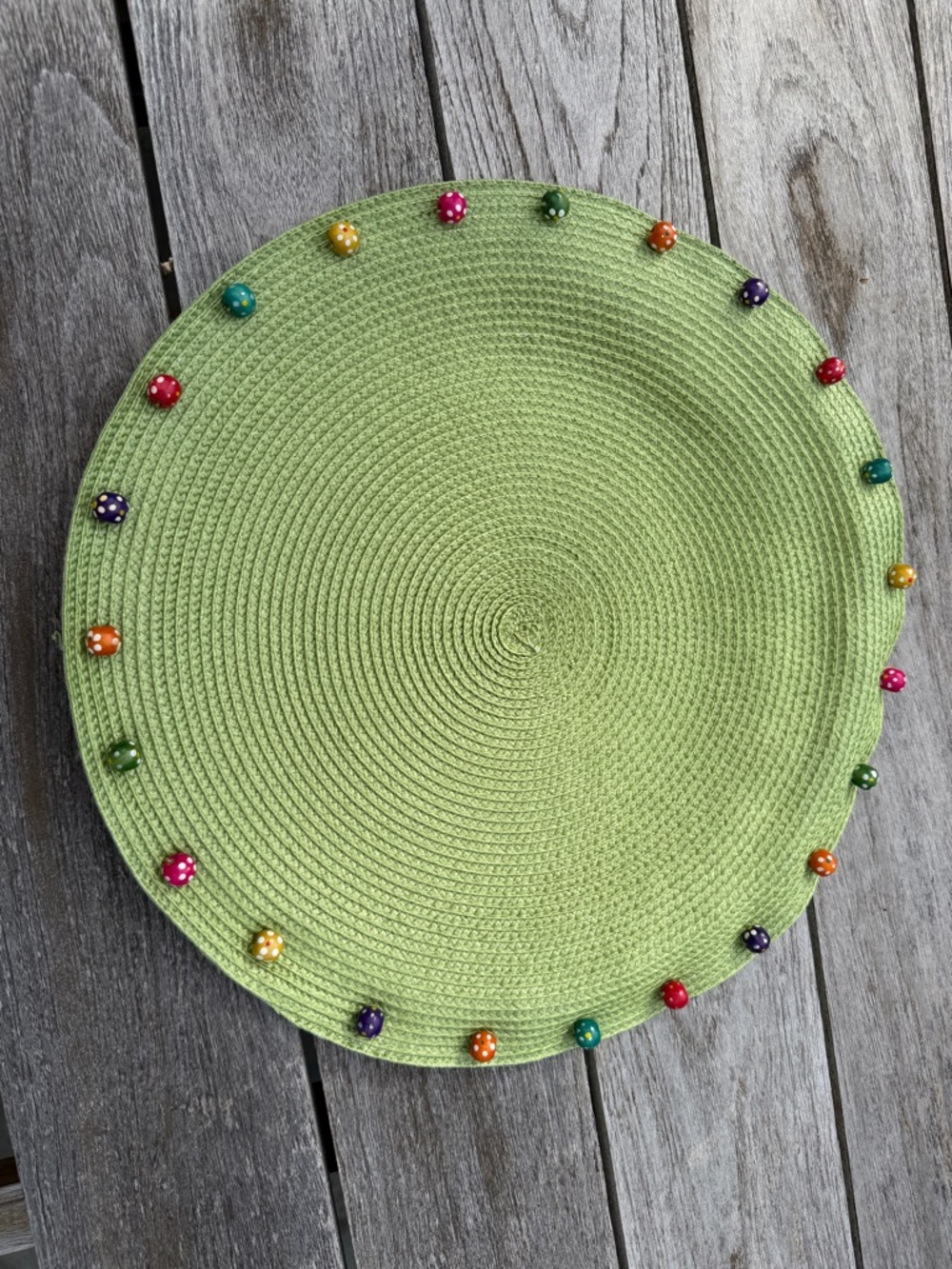 8 Fun Round Apple-Green Placemat with Colorful Polka Dot Bead Trim